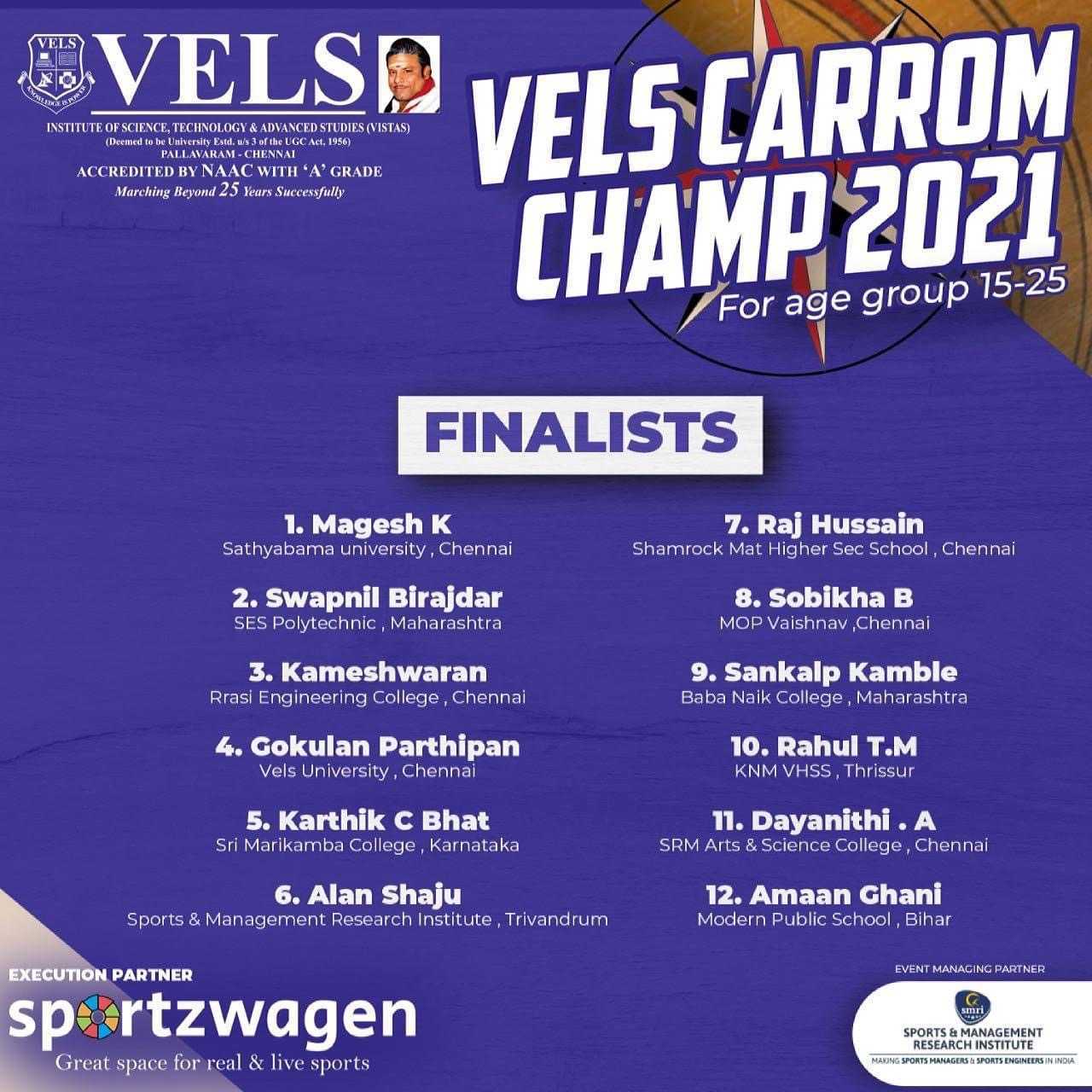 Vels carrom champ 2021 An online speed carrom competition